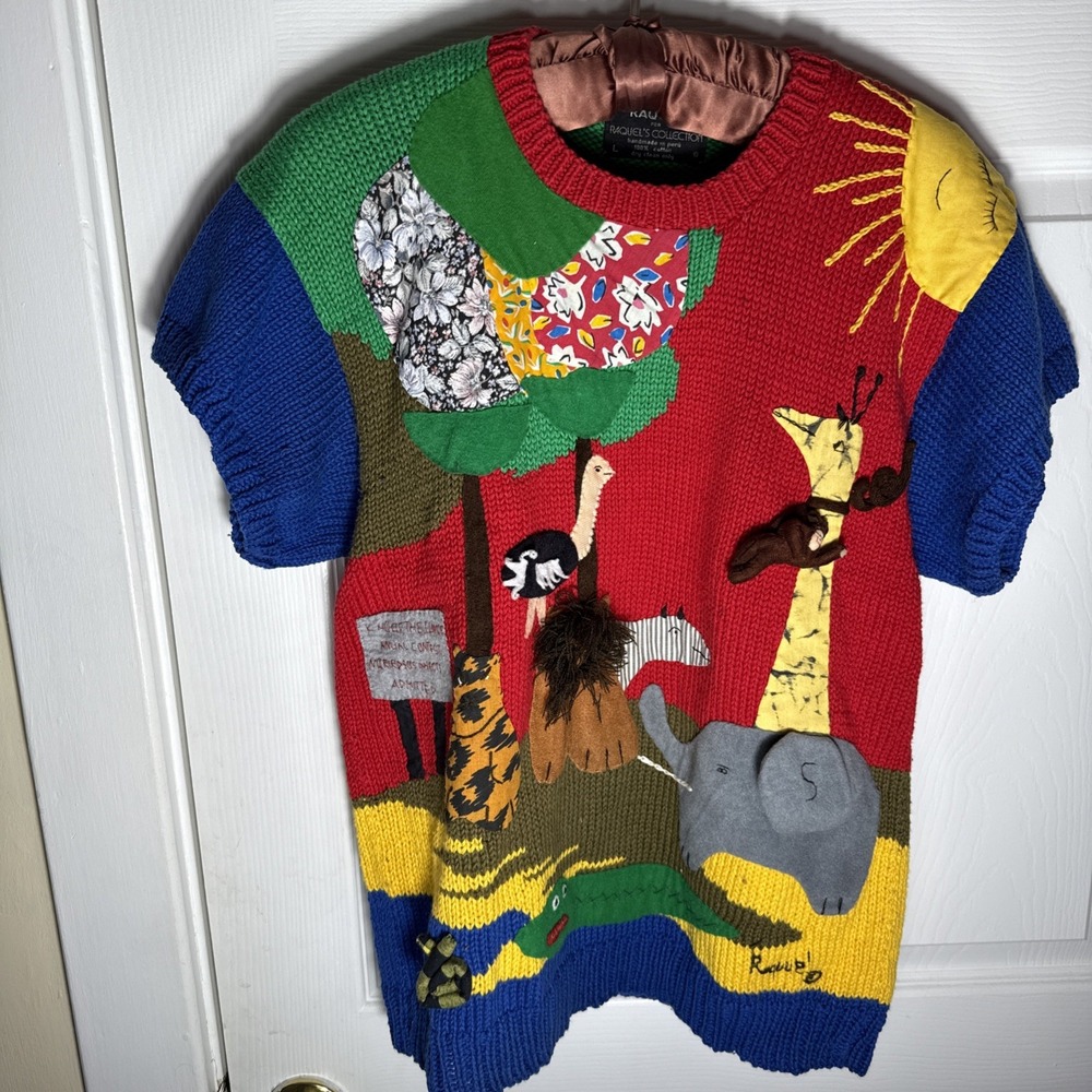 Raquel Jungle Animal Sweater L Peru Handmade Colorful 3D‎ Giraffe Elephant Lion